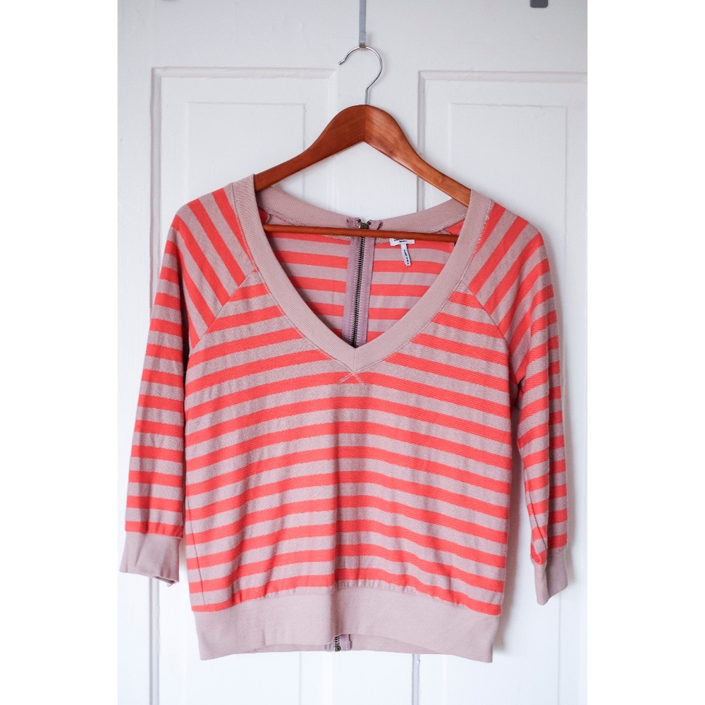 Anthropologie Splendid Coral Striped Exposed Back Zipper Sweater